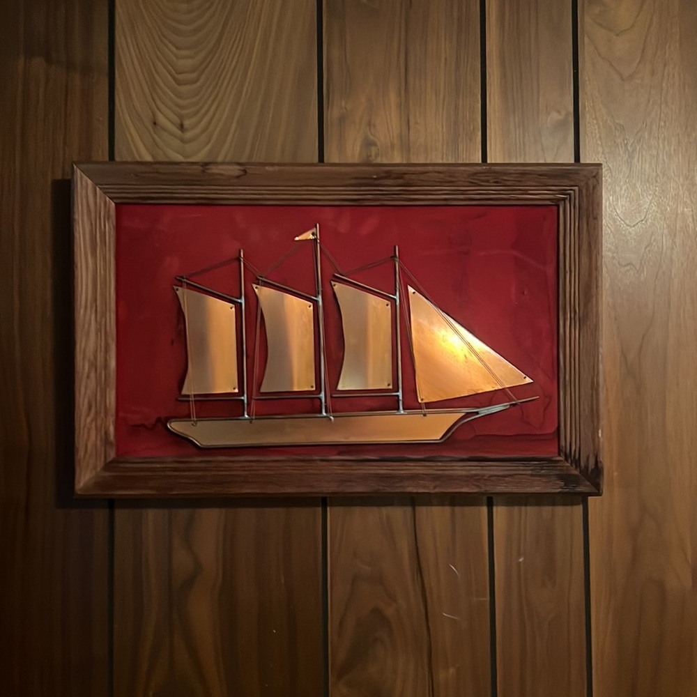 1970’s copper art sailboat in frame Jr Achievement